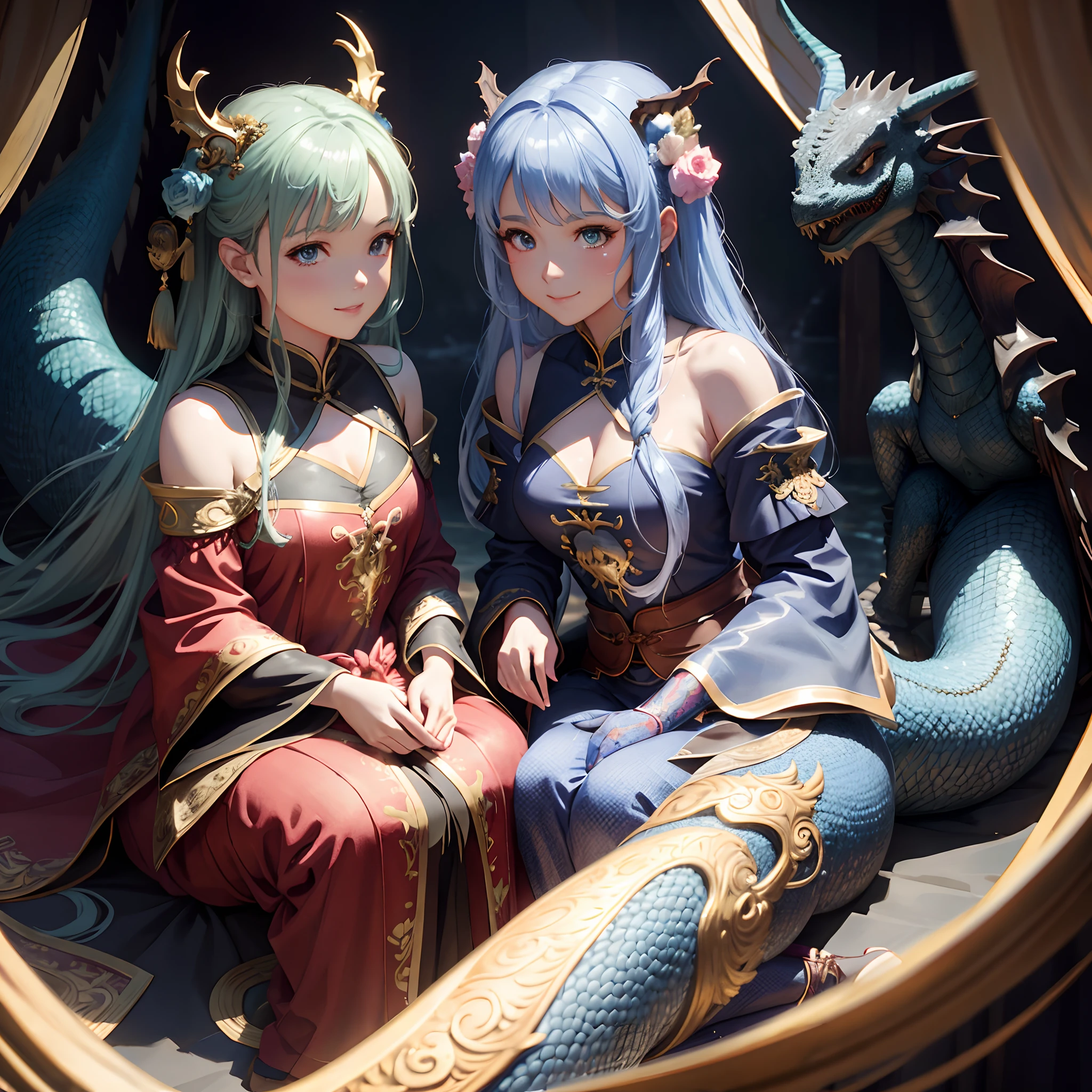 There were two women in costumes sitting on the boat, 2. 5 D CGI anime fantasy artwork, WLOP and Sakimichan, trending on cgstation, wlop and ross thran, Anime fantasy illustration, Ruan Jia and Artgerm, 8K high quality detailed art, Fantasy art style, Loish et WLOP, Fanart Meilleure ArtStation，Smile lips
