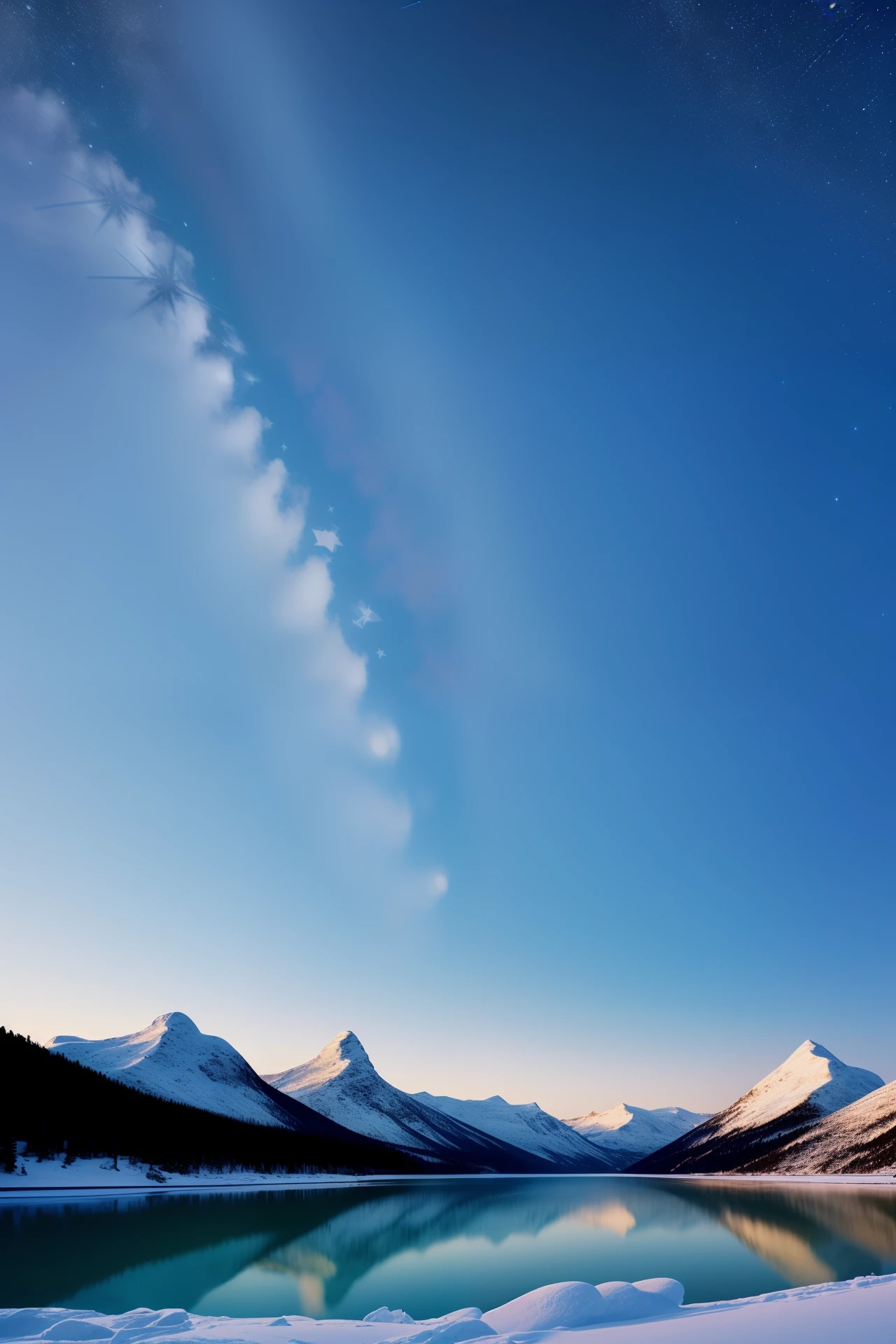 {{{masterpiece}}}, {{the best quality, super fine illustrations, beautiful and delicate water}}, {{very delicate light}}, {{nature, painting}}, {{fine lighting, more transparent stars, high-quality snowflakes, high-quality mountains, very fine 8KCG wallpapers}}, (plateau), (((snow mountain))), sunrise, randomly distributed clouds, (snow field), cliff, ((rotating star sky)), ((lake in mountain stream)), luminous particles