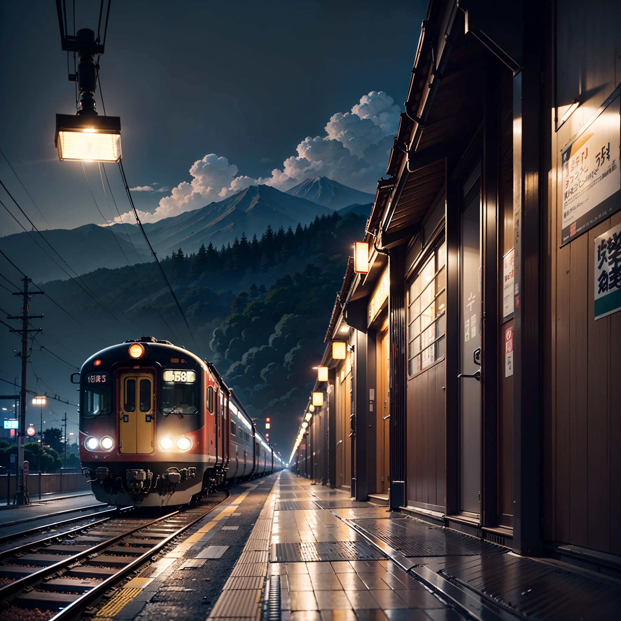 japanese train station, (no one: 1), japan, modern japanese architecture, best quality, japanese signs, anime, anime style, lofi, no one in sight, dramatic weather, night time, illuminated by lights, japanese train, modern train