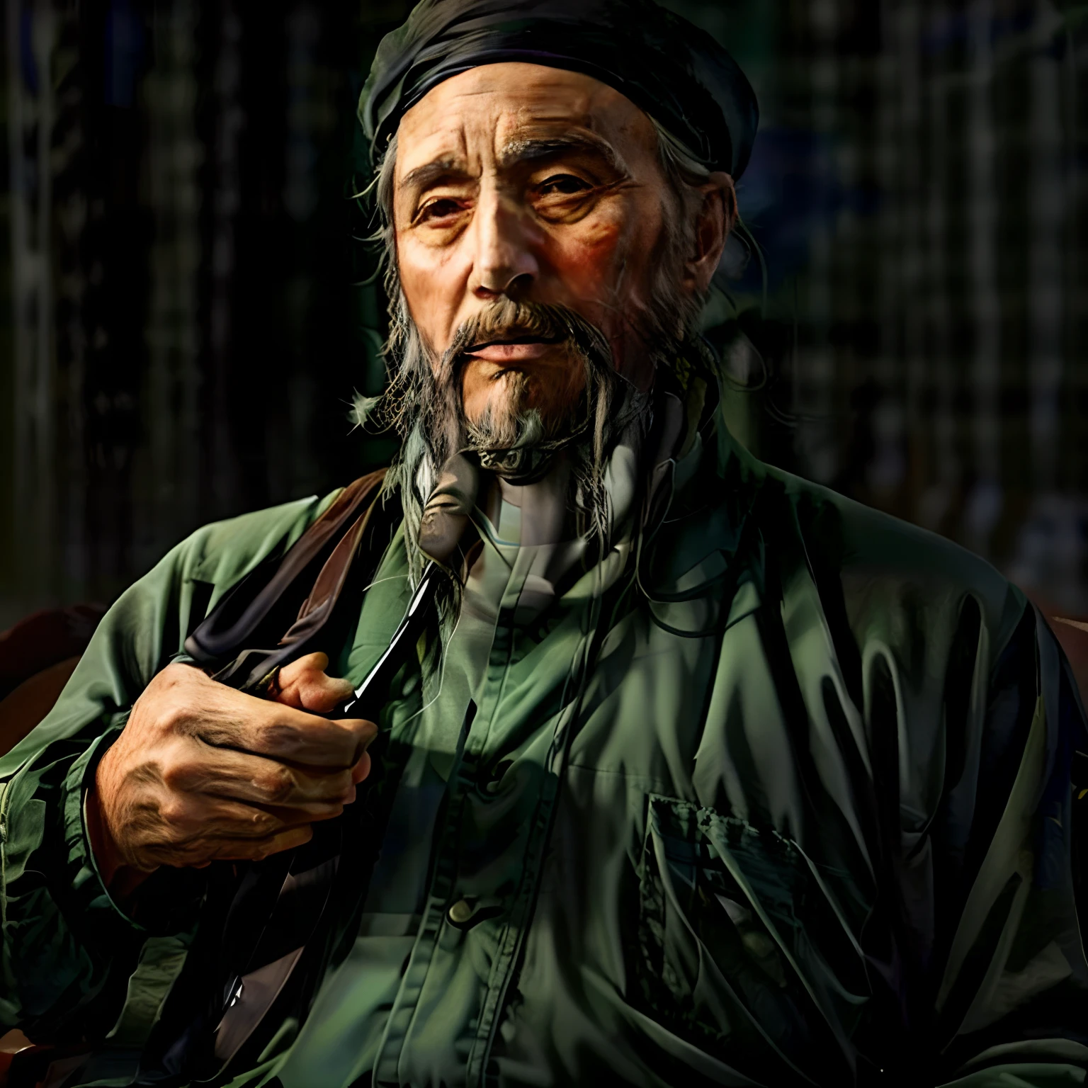 masterpiece, realism, great quality, the best quality. Old Fidel Castro holding a flash drive with his hand, showing a flash drive. Old man, ((white beard)), real beard green military uniform, green cap. (((Fidel Castro))) dramatic ilumination --chaos 10--