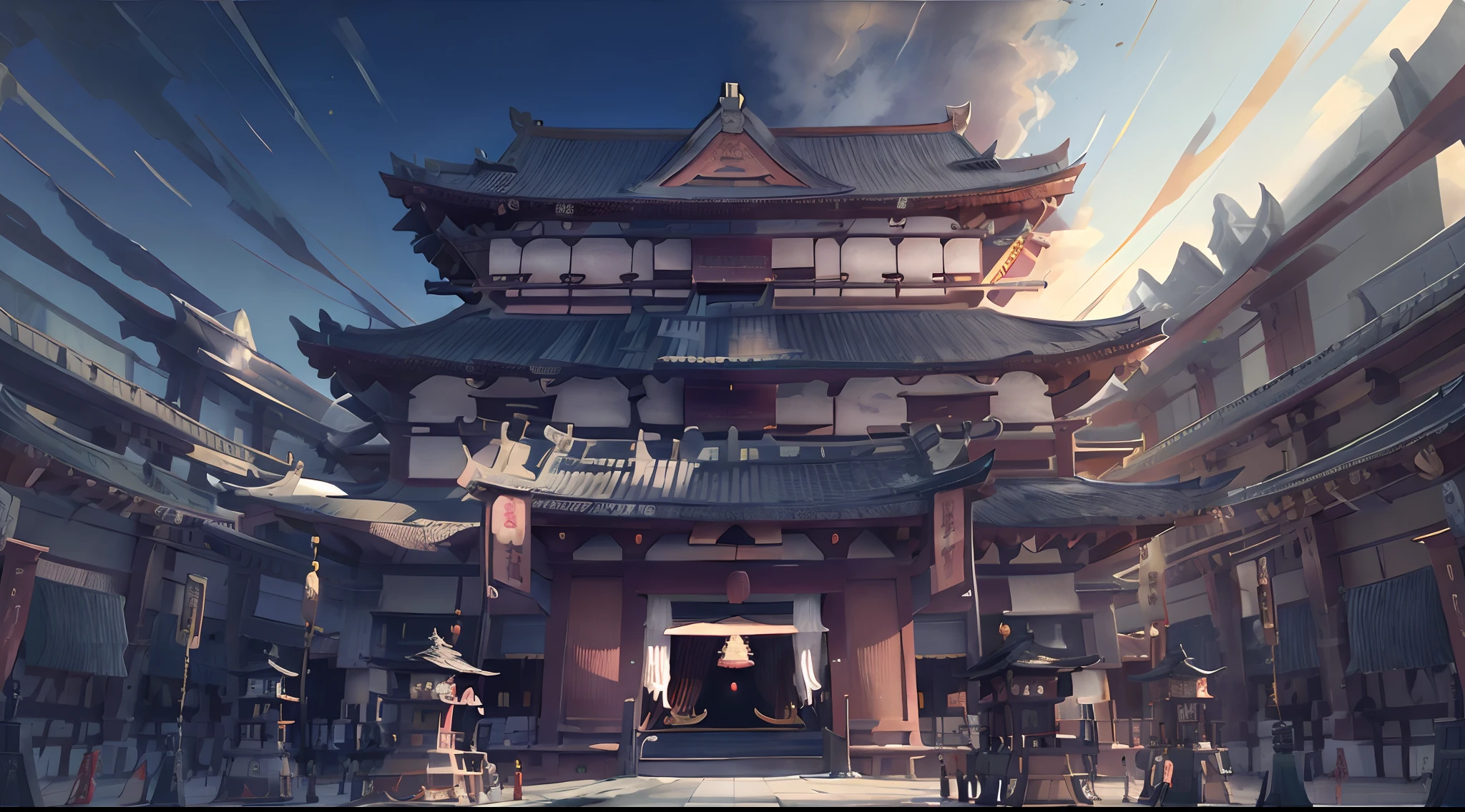 tmasterpiece，best qualtiy，offcial art，8k wallpaper，in a panoramic view，The is very detailed，illustratio，Chinese palaces，grandiose buildings，A wide and long stone road link in the middle，Red and gold body colors，The background is a close-up of ancient Chinese architecture, cyberpunk chinese ancient castle, Temple background, Zen temple background, inspired by Torii Kiyomasu II, Inspired by Torii Kiyomasu, mysterious temple setting, artgem and beeple masterpiece, Rosla global lighting，Stage lighting atmosphere