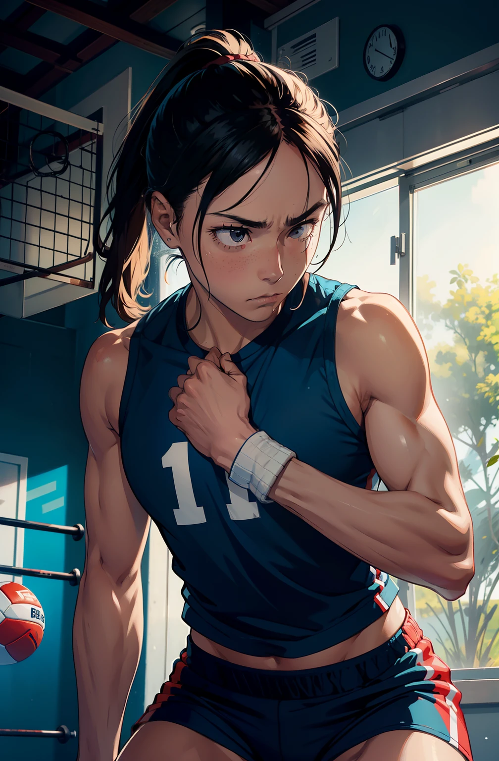 "Por favor, Create an image that captures the essence of a volleyball athlete's physical preparation. A cena deve retratar o jogador em um ambiente de treinamento, with an emphasis on exercises that emphasize your agility, Strength and endurance. The expression of focus and determination on the athlete's face should convey the seriousness of the training as he prepares to face the challenges of the court." 8k,16k pulando corda