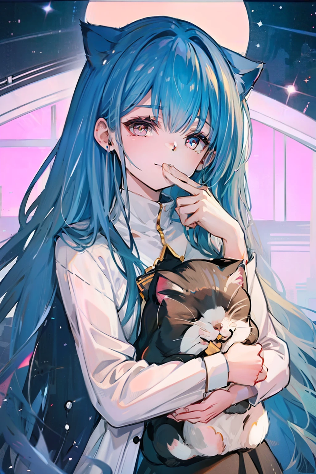 Holding a cat、Woman covering her mouth、long-haired black hair、A smile