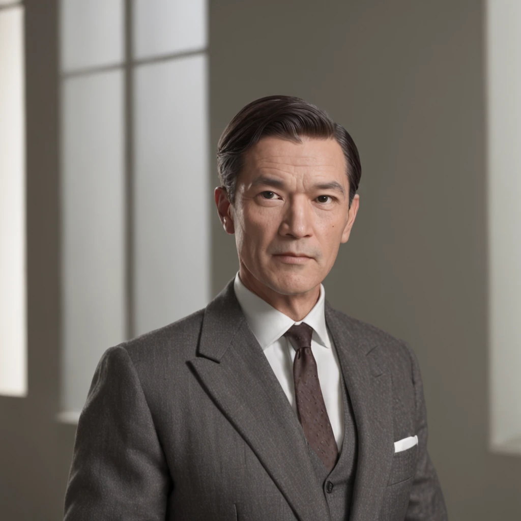 (Professional 3D rendering:1.3) de (Realistic:1.3) Physical Appearance: Imagine a middle-aged man with dark hair cut short in the style of the 1950s. He wears a crisp dark gray suit, a thin tie, and polished leather shoes, all in keeping with the classic fashions of the time. . His face expresses determination and a hint of concern, reflecting the complexity of the challenges he faces.
Background Scenario: Our protagonist is in an office with dark wood walls and heavy curtains that block out sunlight. A bookcase filled with antique books and confidential documents occupies one wall, while a typewriter rests on a mahogany desk. The ambience is austere and charged with mystery, a vivid representation of the Cold War era and government secrecy.