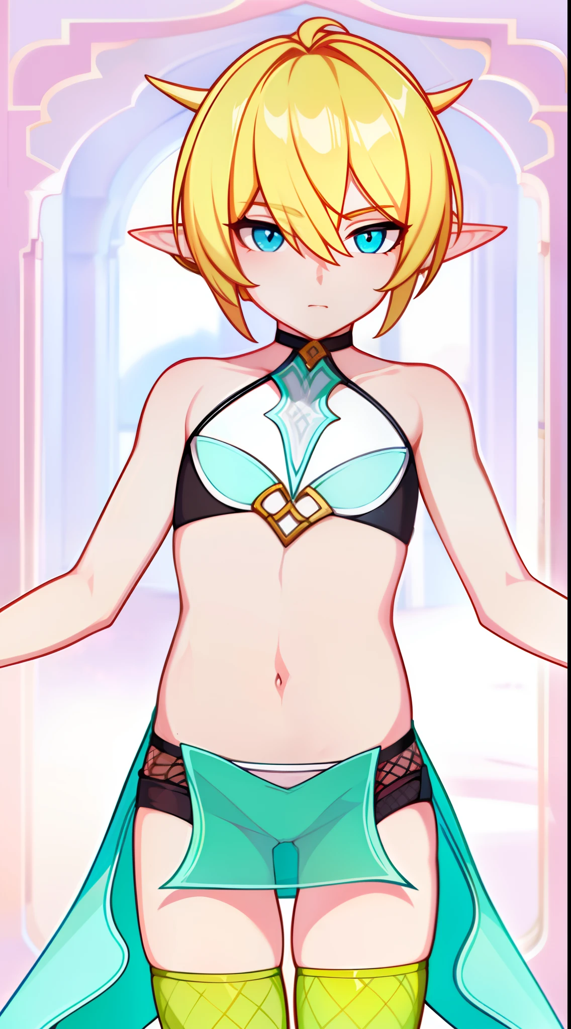 young boy, longue blonde hair, elf ears, turquoise eyes, Yellow in the upper right corner, short, Transparent, open belly, fishnet tights, Masterpiece, hiquality