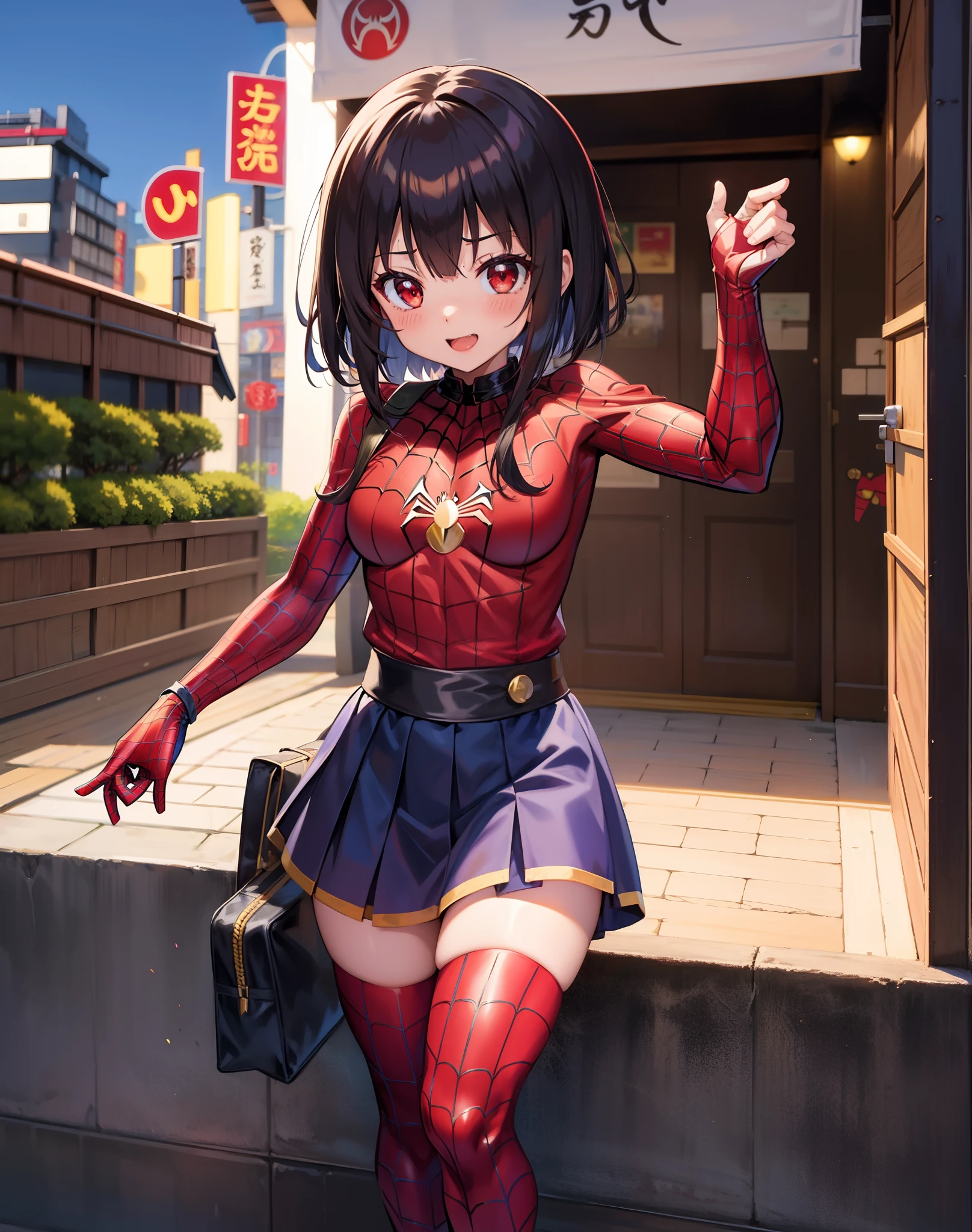 Spiderman, melhor qualidade, fundo detalhado, anime, 1girl, jovem, mulher, Megumin, seios medios, konosuba, Tokyo, japan, cidade, cabelo castanho, cabelo curto, red eyes, uniforme do homem aranha, puro