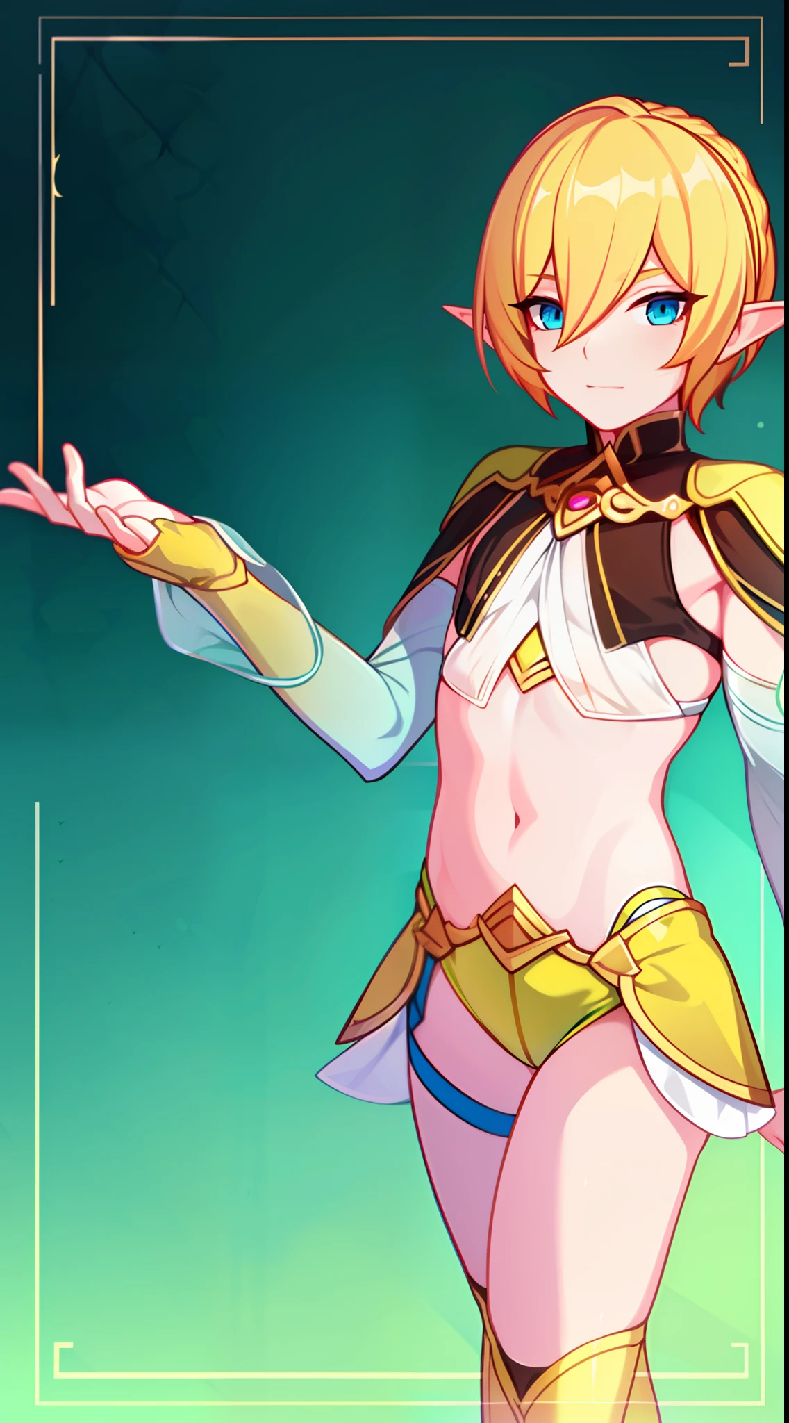 young boy, longue blonde hair, elf ears, turquoise eyes, Yellow in the upper right corner, short, Transparent, open belly, fishnet tights, Masterpiece, hiquality