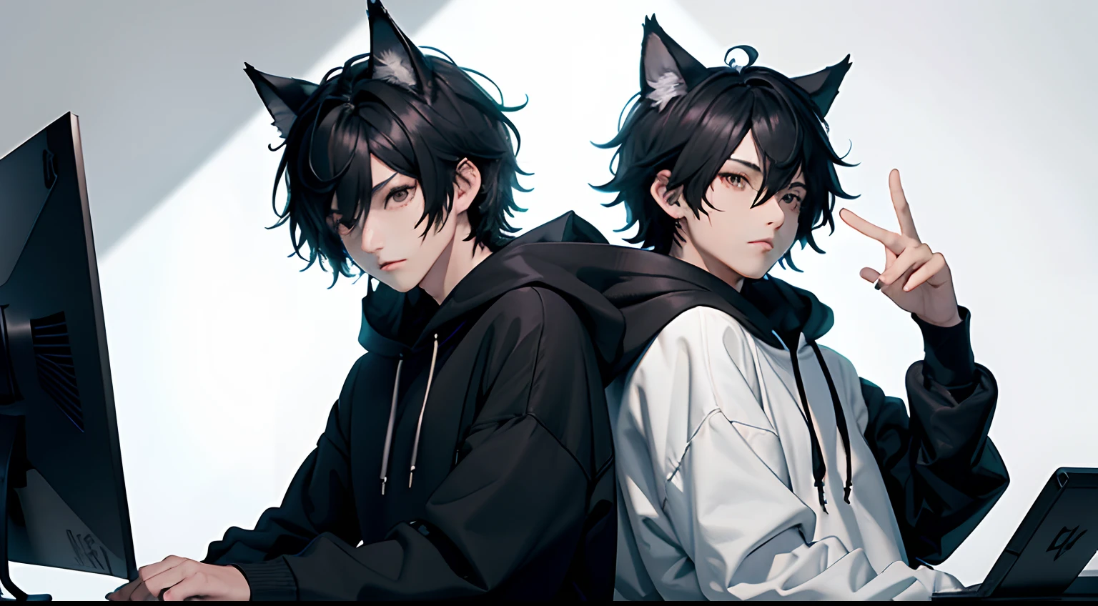 2boy、Toned、sharp big wolf ears、Wolf tail、black messy hair、wide and very bright black eyes、hard disk、​masterpiece、with a vibrant、Slim Dark Crop Top Hoodie、full-body view、Trendy hair、barechested