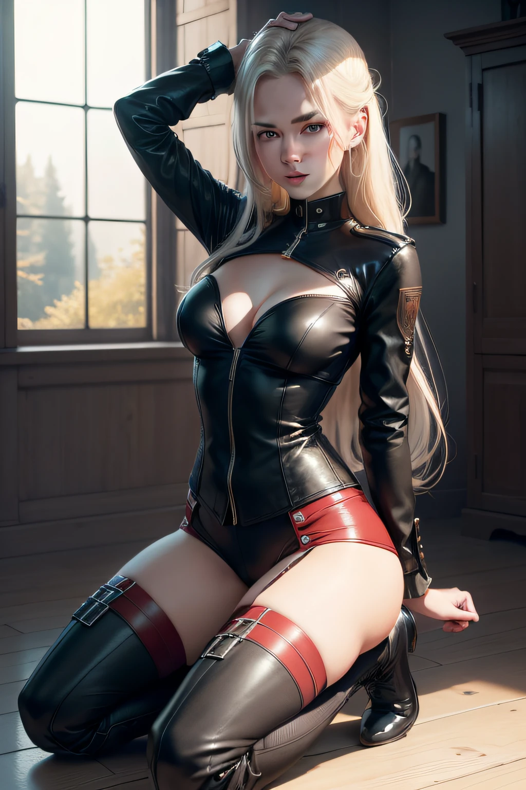 Photographie RAW, beste-Qualit, master piece, an extremely delicate and beautiful, extremly detailed, CG, unity, 8k wallpaper, amazing detailed, finely detailed, master piece, beste-Qualit, art officiel, Highly Detailed CG Unit 8k Wallpaper, ultra-detailed, high resolucion, extremly detailed, clair, Focused, (beste-Qualit), (Realstic, photo-realistic: 1.6), 8k, softlighting, highly quality, lighting cinematic, Kristine kreuk avec pantalon en cuir noir et blouson en cuir rouge, avec des bottes en cuir noir, centered, corps entier, (sueur: 1), Doigts parfaits, long hair wide shot to see it from head to toe without background