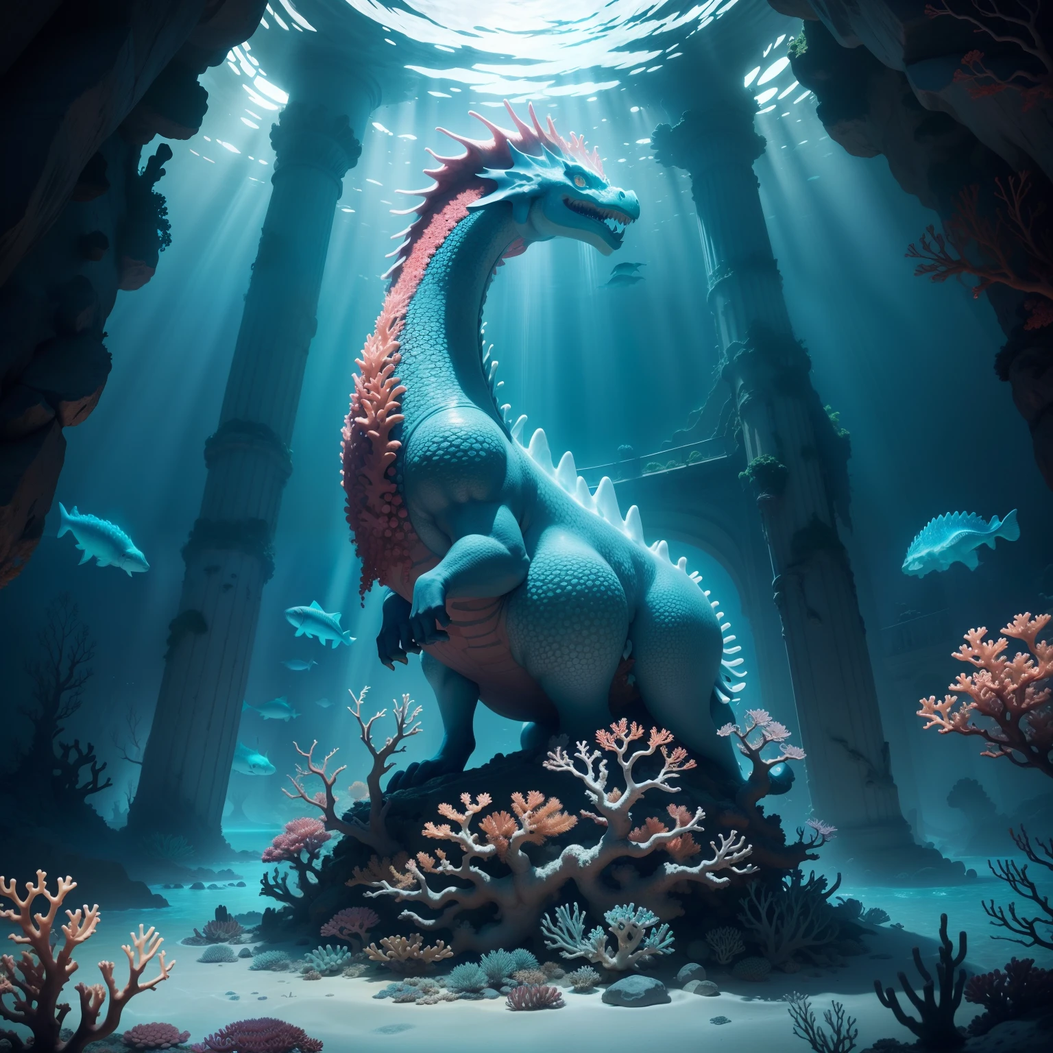 "Imagine a mysterious underwater world, onde a luz do sol escapa pelas profundezas do oceano, creating mesmerizing patterns of light rays that dance on the walls of corals. Among the coral formations, You discover a sunken abandoned city, with crumbling buildings that now house a variety of extraordinary sea creatures. no centro da cidade, A coral sculpture in the form of a legendary creature rises majestically, sua forma meio peixe, half dragon, it seems to tell an ancient and enigmatic story."