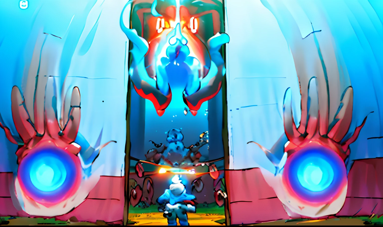 There is a person standing in front of a giant skull, VRCabord, gameplay screenshot with ui, captura de tela do jogo, jogabilidade ainda, spirits coming out of portal, Captura de tela do jogo, mana shooting from his hands, Captura de tela do videogame, efeitos de falha sobre os olhos, Jogo VR, Captura de tela do videogame de 2020, tentacles climb from the portal, captura de tela de jogabilidade