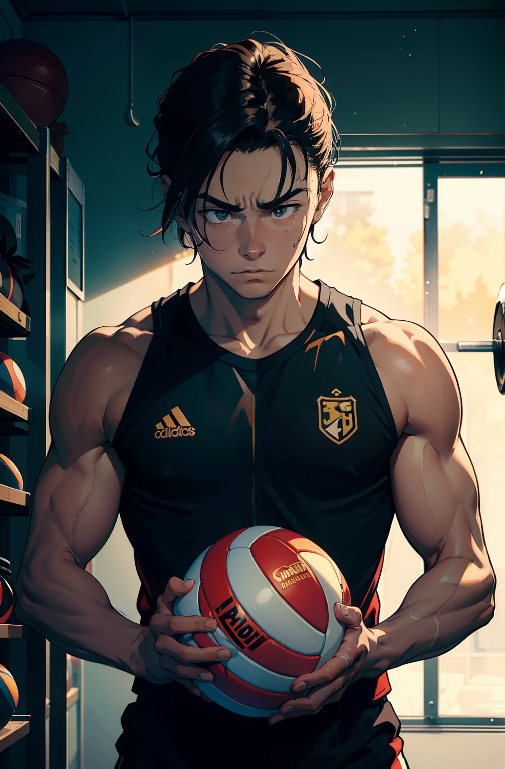 "Por favor, Create an image that captures the essence of a volleyball athlete's physical preparation. A cena deve retratar o jogador em um ambiente de treinamento, with an emphasis on exercises that emphasize your agility, Strength and endurance. The expression of focus and determination on the athlete's face should convey the seriousness of the training as he prepares to face the challenges of the court." 8k,16k pulando corda