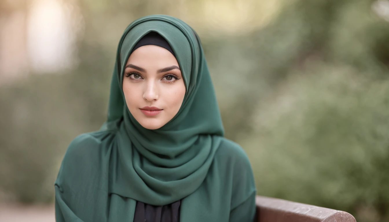 Beautiful girl wearing hijab sitting on a bench in a park. realistic close up photo, aesthetic and graceful.