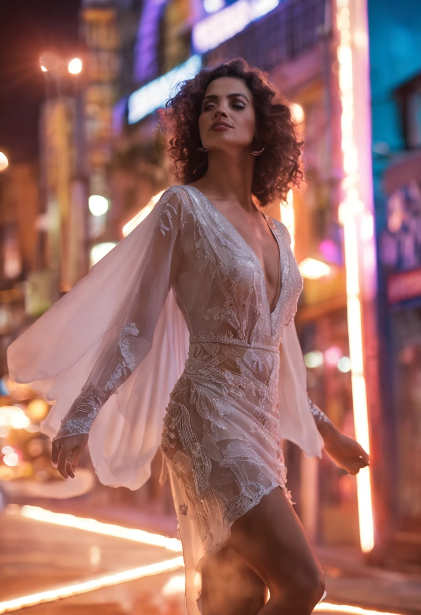 Uma mulher, vestido branco leve voando com o vento, corpo esguio, segurando uma tocha