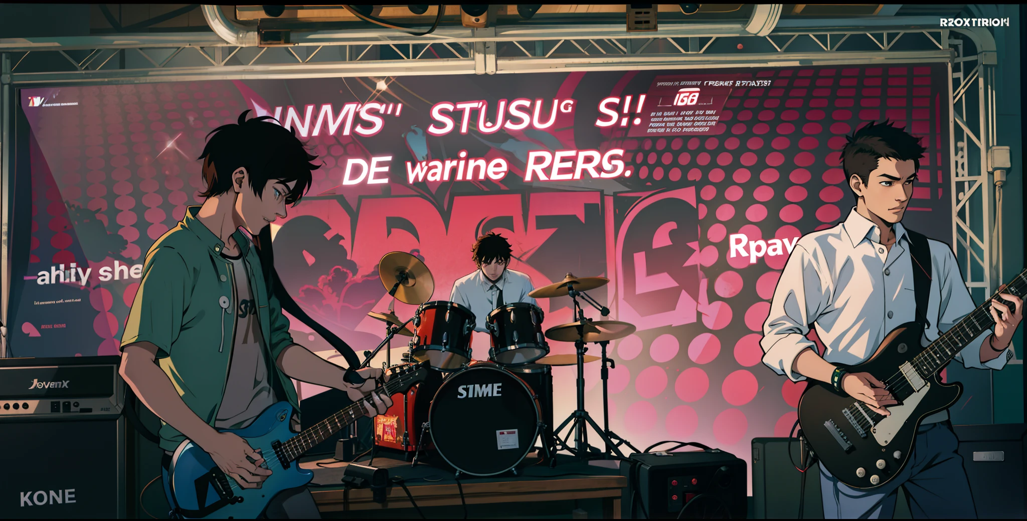 Anime scene Young teenager rock band concert, two guitarist at the front
