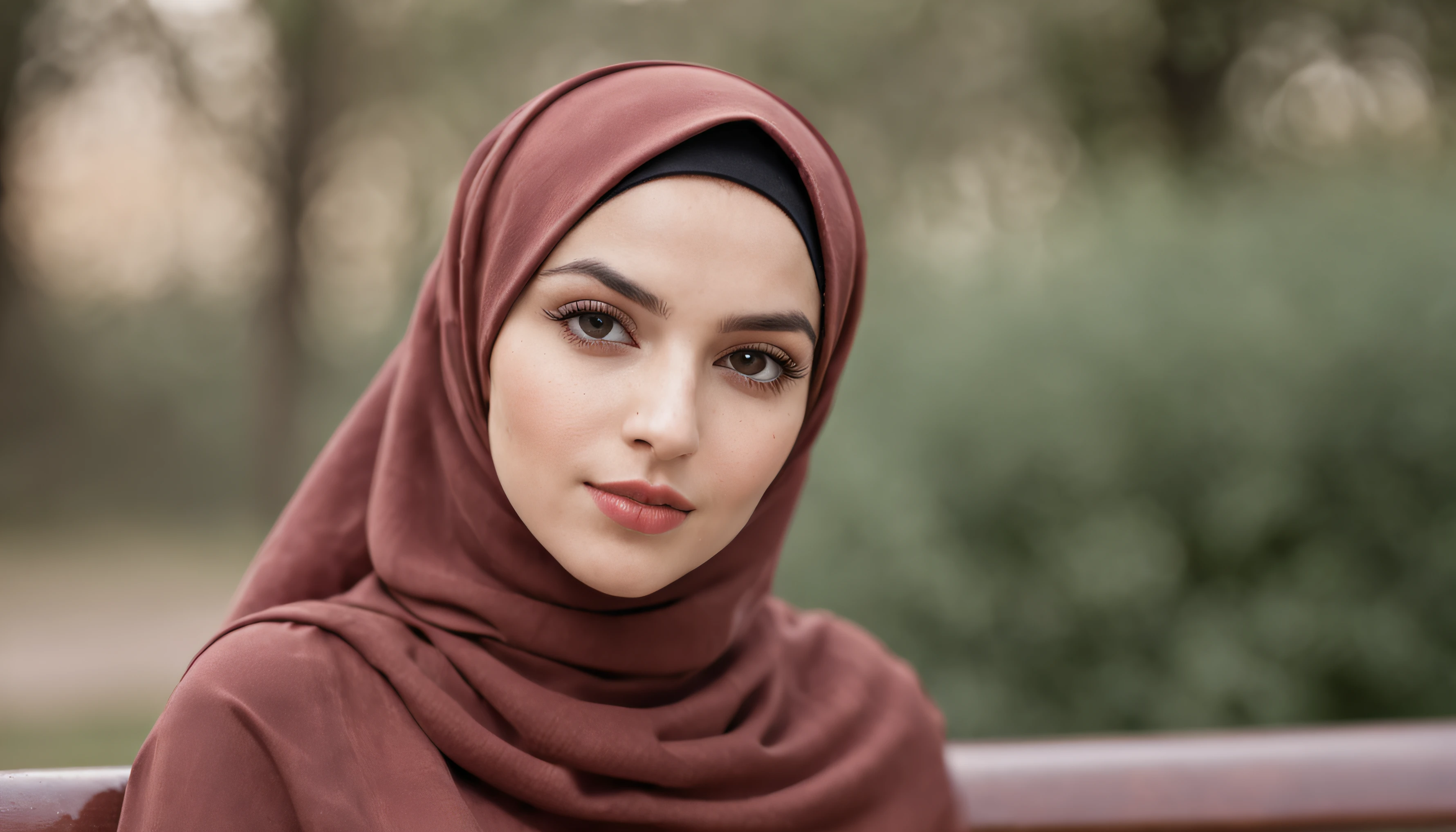 Beautiful girl wearing hijab sitting on a bench in a park. realistic close up photo, aesthetic and graceful.