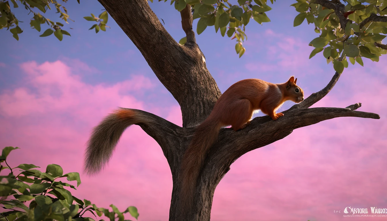 "A curious feline cautiously perched on a tall tree, its watchful gaze filled with anticipation. A fearless warrior squirrel swooping down from above, fearlessly riding on the back of a magnificent bird."