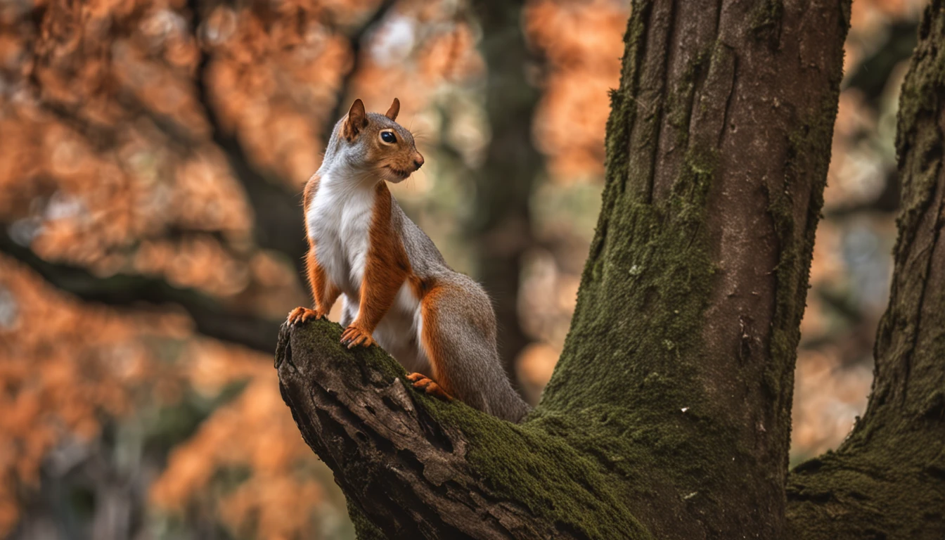 "A curious feline cautiously perched on a tall tree, its watchful gaze filled with anticipation. A fearless warrior squirrel swooping down from above, fearlessly riding on the back of a magnificent bird."