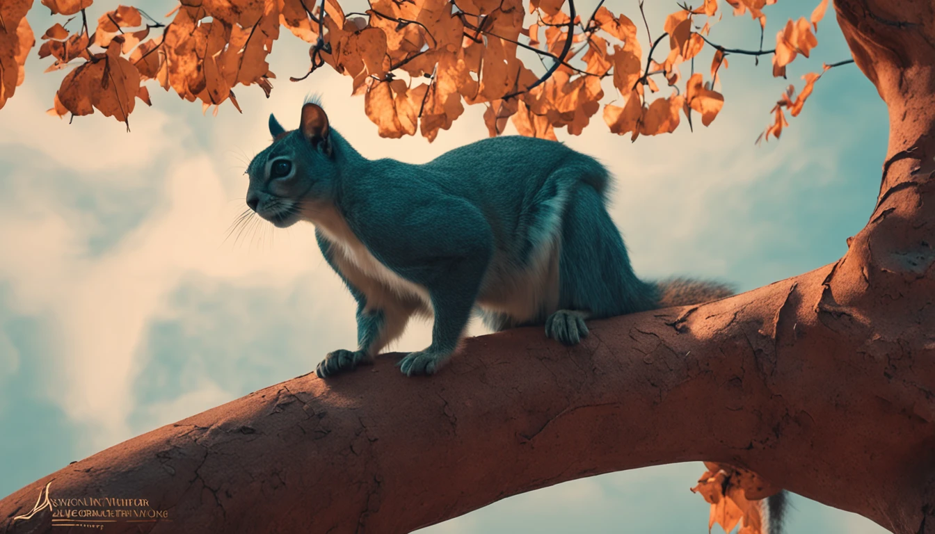"A curious feline cautiously perched on a tall tree, its watchful gaze filled with anticipation. A fearless warrior squirrel swooping down from above, fearlessly riding on the back of a magnificent bird."