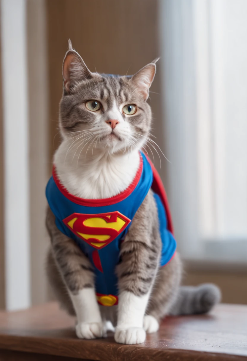 cat wearing superman clothes, Full Body, Face Looking Forward, realistic