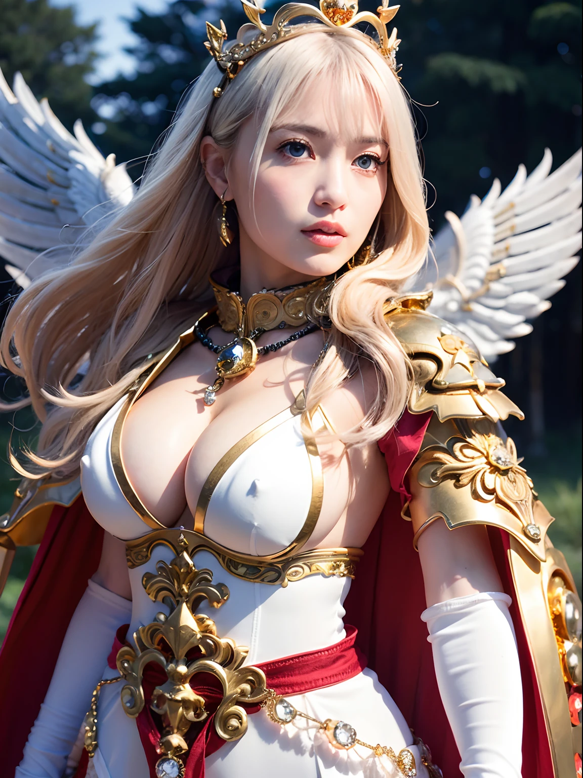 (masutepiece), Professional , masterpiece、top-quality、photos realistic , depth of fields (Gemstone White Metal Body:1.9),(Matte White、Jewel Gold Weapon(Jewel Metal Body:1.4),Gorgeous metal weapons ,(( Detailed and gorgeous sword of the brave)) , Beautiful knife ,warhammer 40k , adepta sororitas,Detail and ornate jewel crown、((Micro Bikini Armor))、((Gangle's forest background))、Beautiful Caucasian beauty、1a person、dynamic ungle,(((Detailed and ornate diamond crown)))、Smaller head、A smile、Background inside the castle、Thin and beautiful female hands、cleavage of the breast、Soldier in iron armor on background、Mystical expression、Light Effects、intense fighting、Wind-effect、magic circles、With the legendary magic wand、(wings of light)、Toostock、Anatomically correct body、