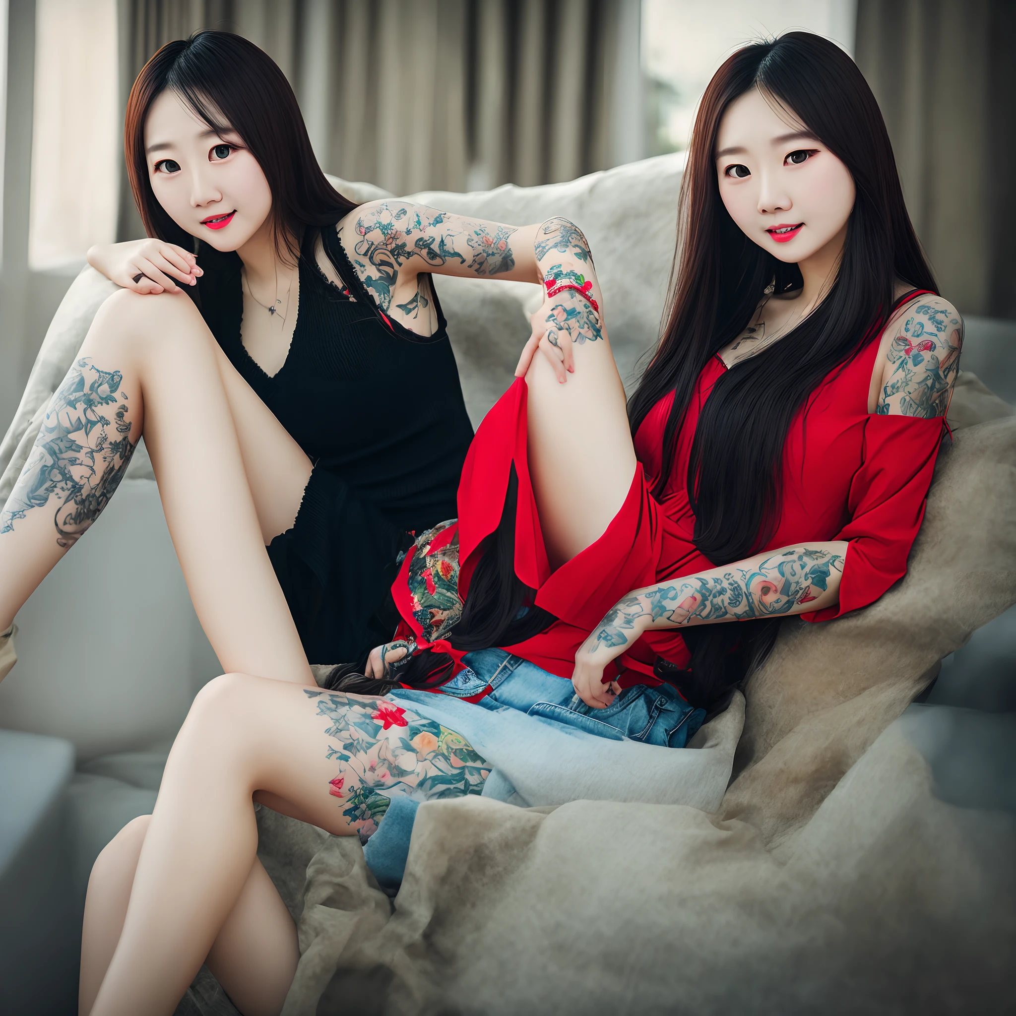 two Asian glamour models, lesbian sex, breasts, tongue, licking, legs, feet, vagina, realistic skin texture, large colorful tattoos, painted toe nails, oil dripping on skin, fingers spreading vaginal cavity,
