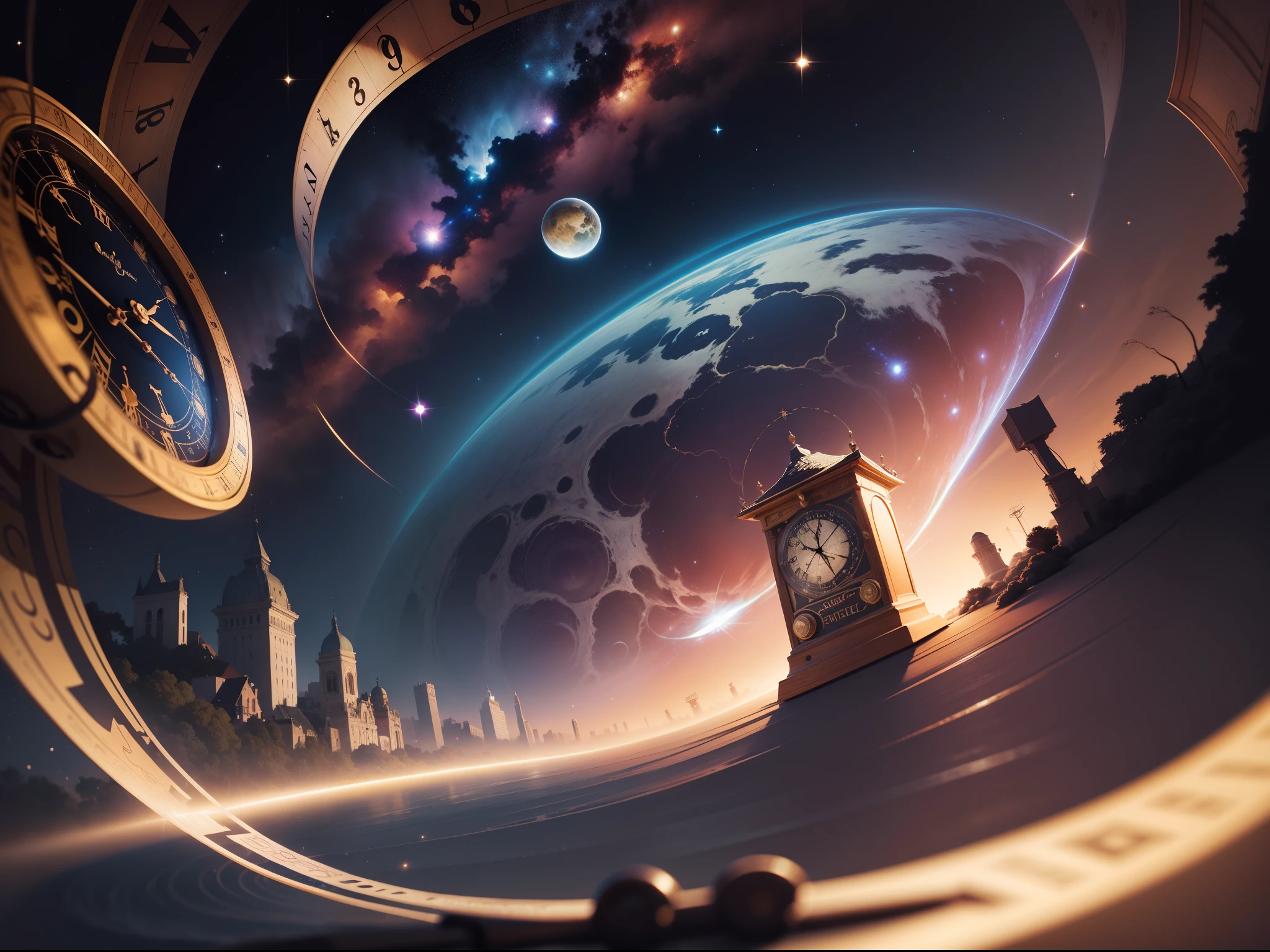 Crie uma imagem estilo banner para o canal do YouTube 'Curiosidades Temporais', com o nome do canal escrito em letras decorativas e criativas. O plano de fundo deve ser cosmico, com planetas, stars and elements that refer to space and time. Include an old clock in the center of the image, com engrenagens e ponteiros girando para representar o tema de curiosidades temporais. A imagem deve transmitir criatividade, imagination and referencing the universe and time travel in an abstract way. Be creative and artistic