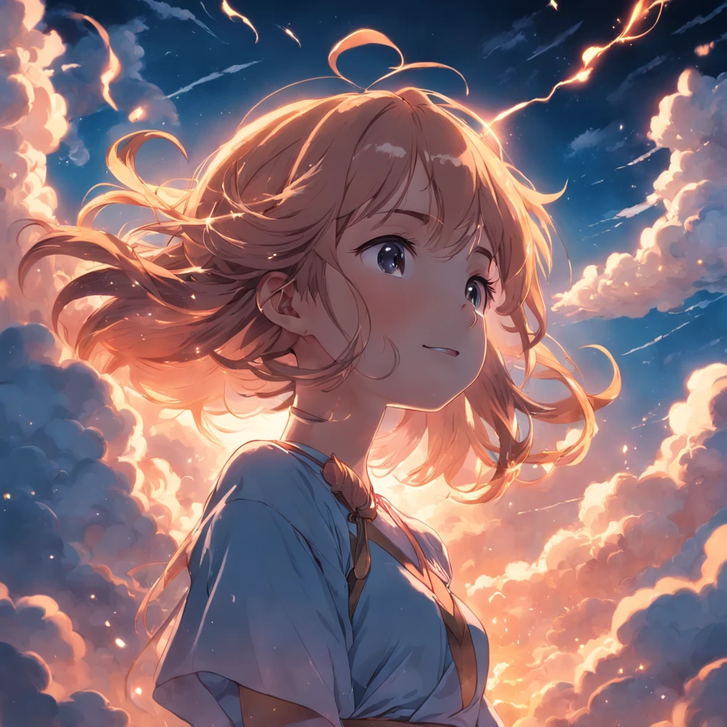 masterpiece, best quality, movie still, 1girl, cloud girl, floating in the sky, close-up, bright, happy, warm soft lighting, sunset, (sparks:0.7)