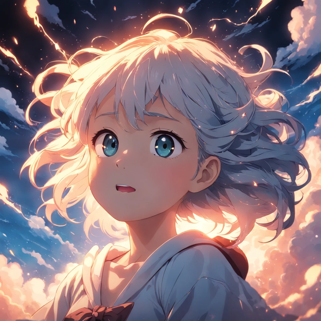 masterpiece, best quality, movie still, 1girl, cloud girl, floating in the sky, close-up, bright, happy, warm soft lighting, sunset, (sparks:0.7)