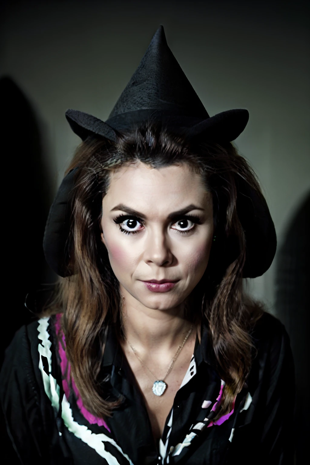 a perfect angle head shot close-up photo of bewitched, posing for the camera, vestindo um manto de seda preta, ((Pointed witch hat)), bruxa, magia, black buckle on hat, sombra preta, black mascara, delineador preto, angry expression, Evil, sinistro, assustador, studio lighting, luz da chave, luz de aro, luz de enchimento, Fotografia de fundo, Visualizador voltado, capa de revista, foco nítido, circunstanciado, alta qualidade, high resolution ,