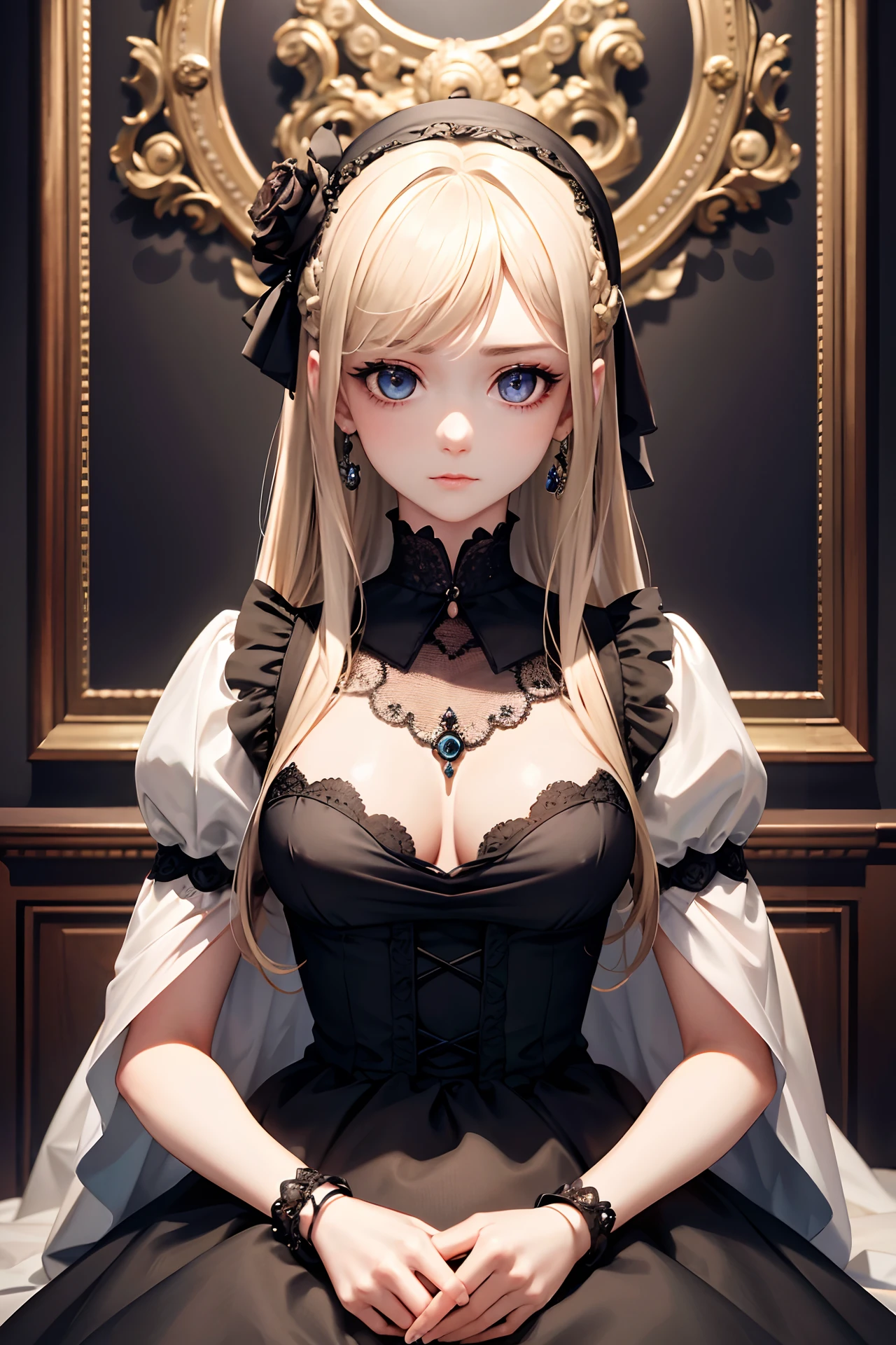 {extremely detailed 8k wallpaper},{masterpiece},{best quality},{{{{{doll}}}}},{{BJD}},toy doll,Marionette,{ball joint},{{{{lifeless}}}},{{{inorganic}}},{1girl},beautiful detailed Glass eye,handled hair,gorgeous hair,expressionless,indifferent,hyperrealistic,gothic,Classical decoration,sit,zoom in on eyes,focus on eyes,rococo style,{{silk thread}}