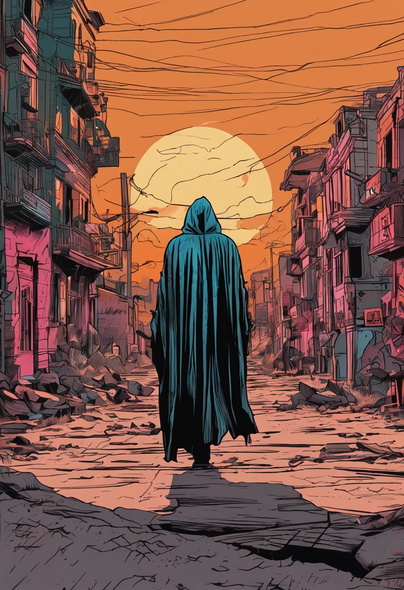 Man, long hair, abs, cloak, towering over city, giant, (((from below)))