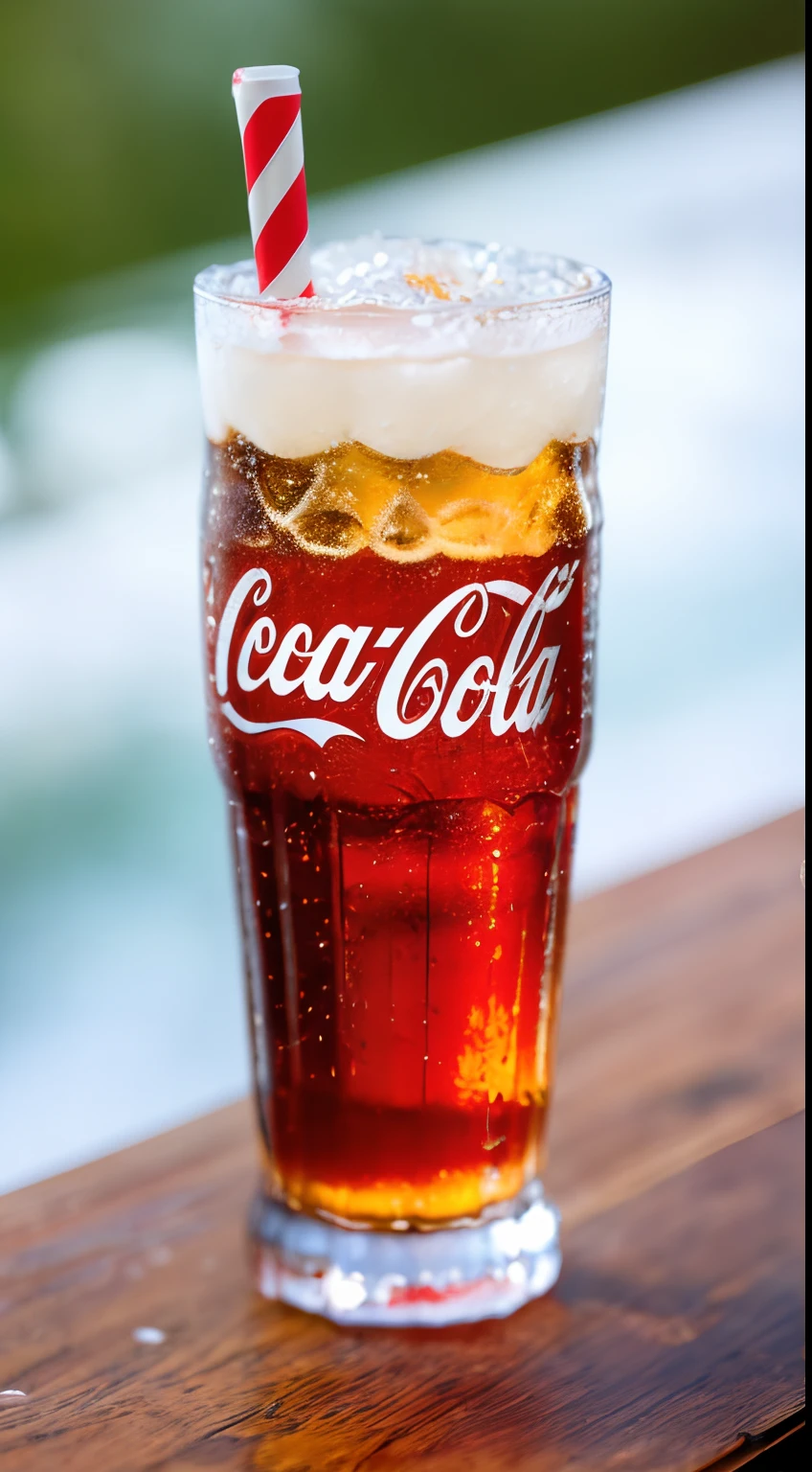 A frosty Coca-Cola bottle rests invitingly on a wooden table, tiny beads of condensation trickling down its curved surface, the iconic red label and logo contrasting against the cool shades of the bottle and table, a promise of refreshment on a warm day, Photography, using natural light to emphasize the cool tones and capture the details of the label, evoking a sense of anticipation