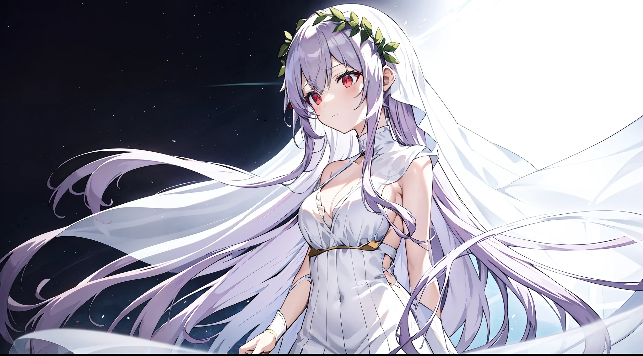 Anime girl in white dress with veil and flowers in hair,Red eyes, White-haired god, Anime moe art style, Hestia, shikamimi, Anime goddess, ahegao, dressed like a cleric, made with anime painter studio, Translucent white skin, ahegao face, Anime Stylization, Marin Kitagawa fanart, cel shaded anime, Stylized anime, cleric