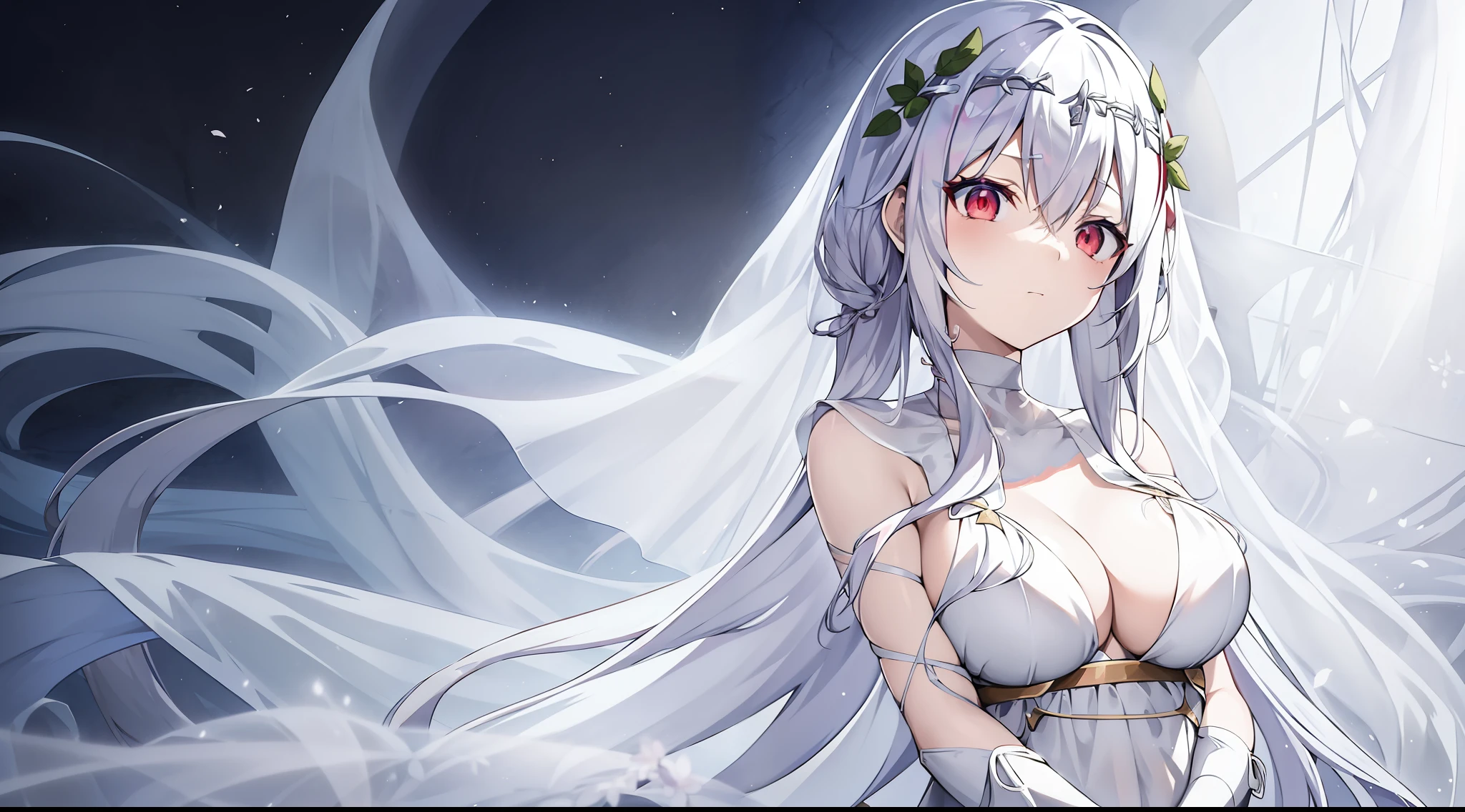 Anime girl in white dress with veil and flowers in hair,Red eyes, White-haired god, Anime moe art style, Hestia, shikamimi, Anime goddess, ahegao, dressed like a cleric, made with anime painter studio, Translucent white skin, ahegao face, Anime Stylization, Marin Kitagawa fanart, cel shaded anime, Stylized anime, cleric
