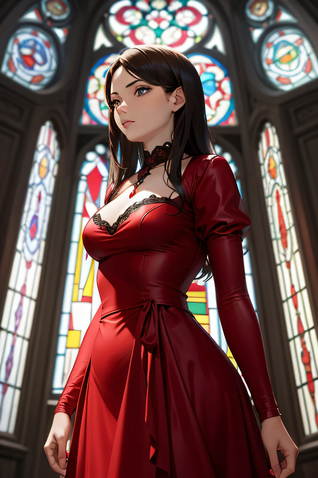 Stained glass of a woman dressed in red