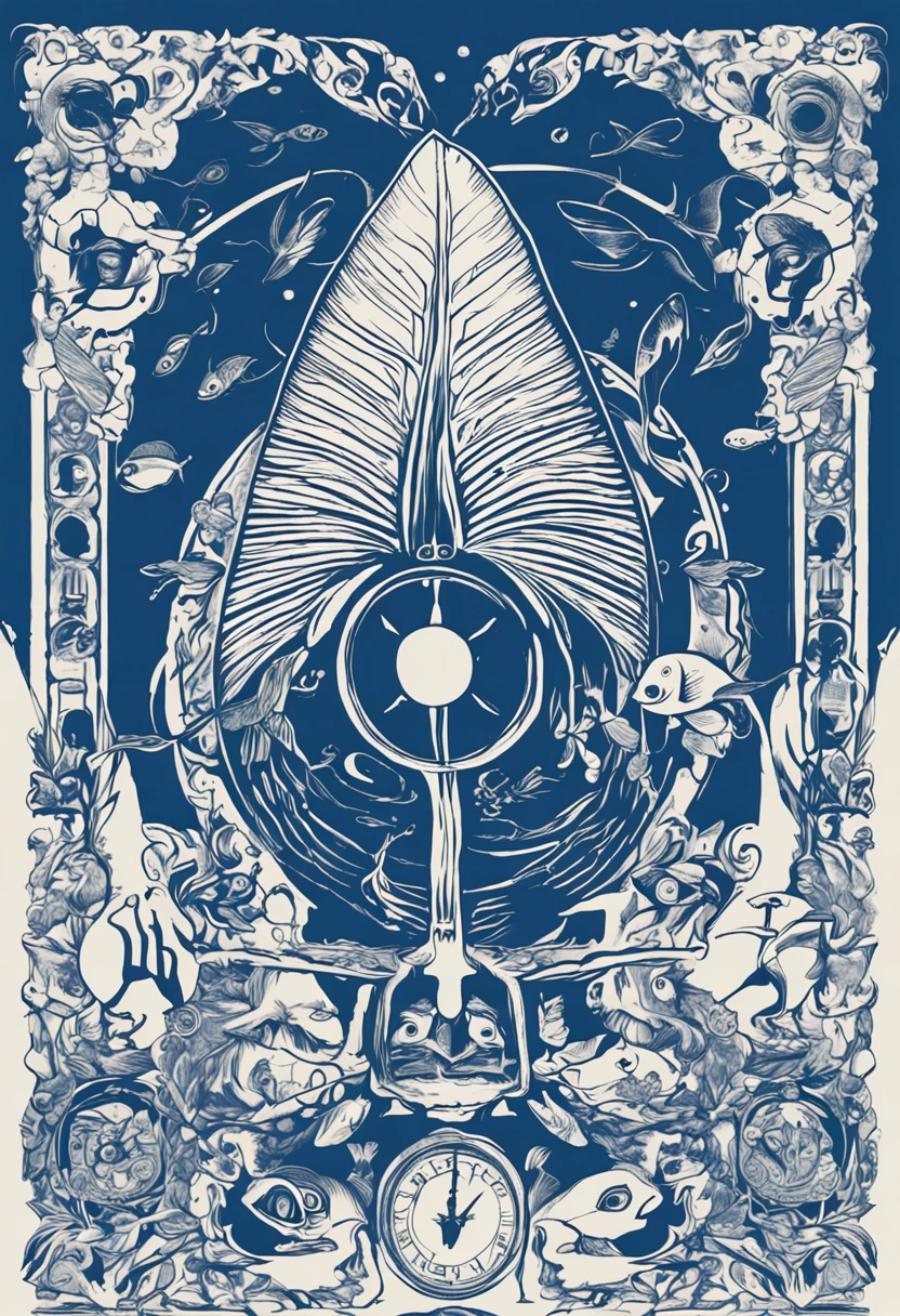 um cartaz azul e branco com uma imagem de um peixe e uma ampulheta, clock iconography, Blue Period, inspired by József Koszta, inspired by Jan Zrzavý, inspired by Slava Raškaj, symbols, time consumes us all, with symbolic elements, Ampulheta, alchemical objects on the side, digital ainda