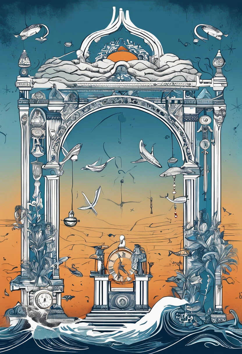 um cartaz azul e branco com uma imagem de um peixe e uma ampulheta, clock iconography, Blue Period, inspired by József Koszta, inspired by Jan Zrzavý, inspired by Slava Raškaj, symbols, time consumes us all, with symbolic elements, Ampulheta, alchemical objects on the side, digital ainda