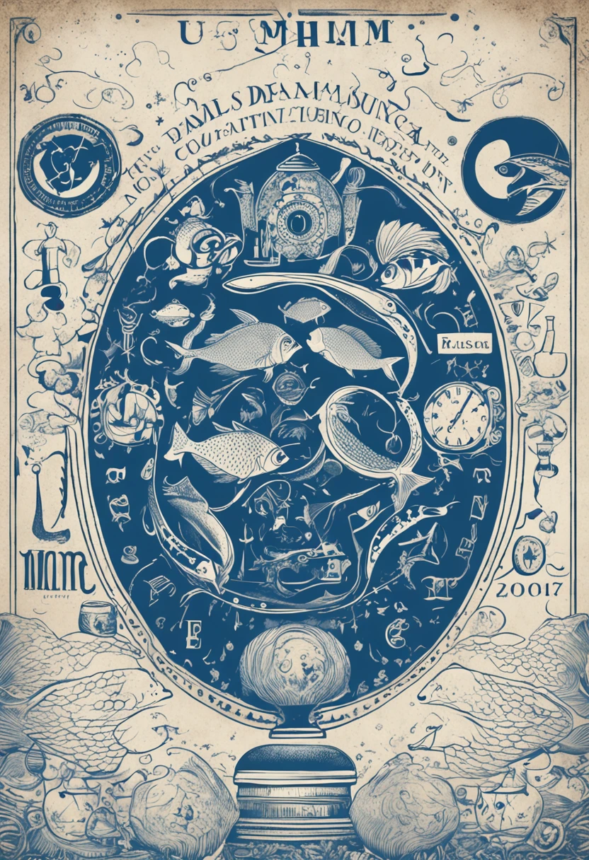 um cartaz azul e branco com uma imagem de um peixe e uma ampulheta, clock iconography, Blue Period, inspired by József Koszta, inspired by Jan Zrzavý, inspired by Slava Raškaj, symbols, time consumes us all, with symbolic elements, Ampulheta, alchemical objects on the side, digital ainda