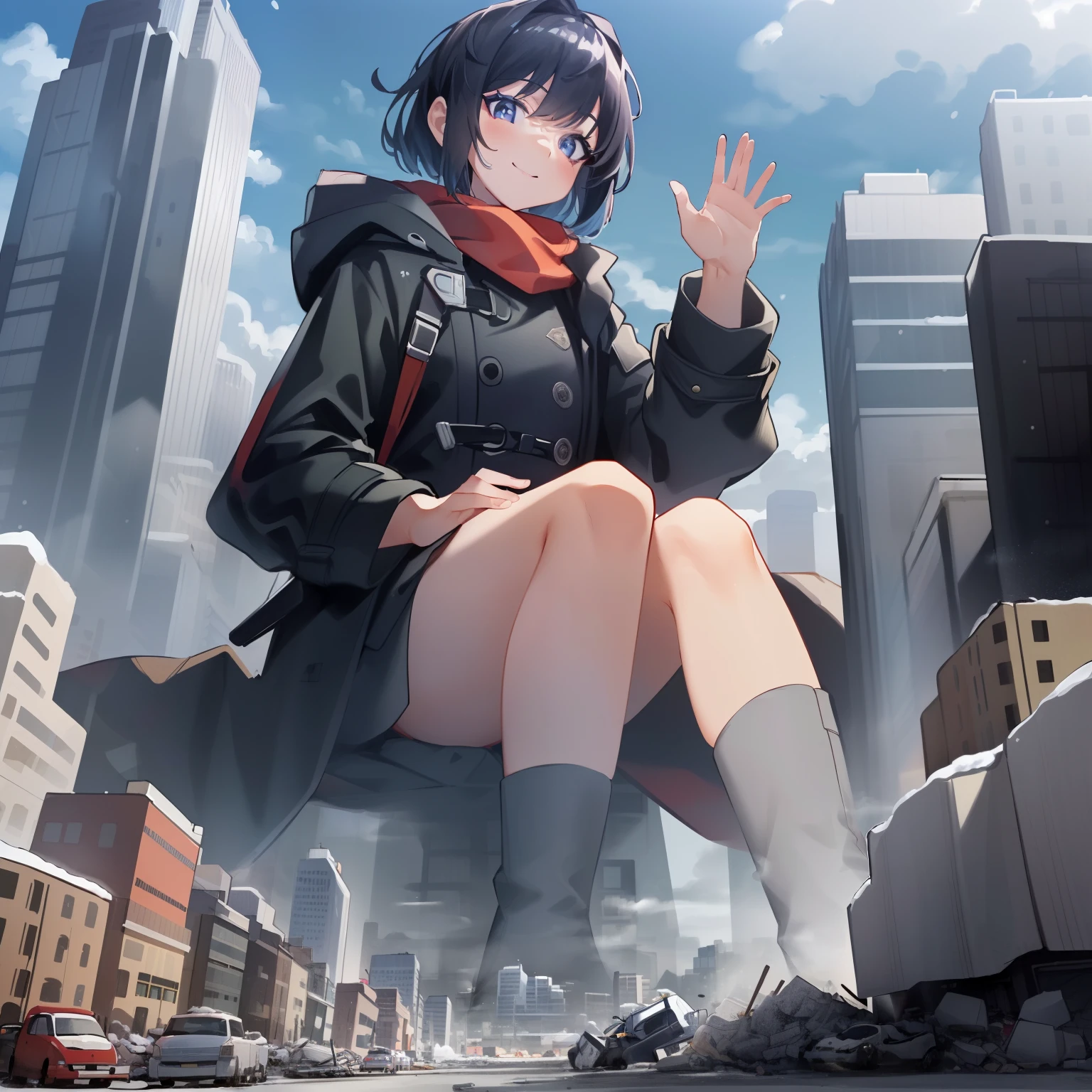 (extremely detailed CG unity 8k wallpaper),(masterpiece), (best quality), (ultra-detailed), (best illustration),(best shadow), (sharp eyeliner, eyeshadow, detailed eyes:1.1), (GTS, giantess, city,:1.3) full body, rubble, ruins, smiling, waving, (tiny vehicles:1.2),( sitting on skyscraper,:1.2) looking down at viewer, winter coat. snow