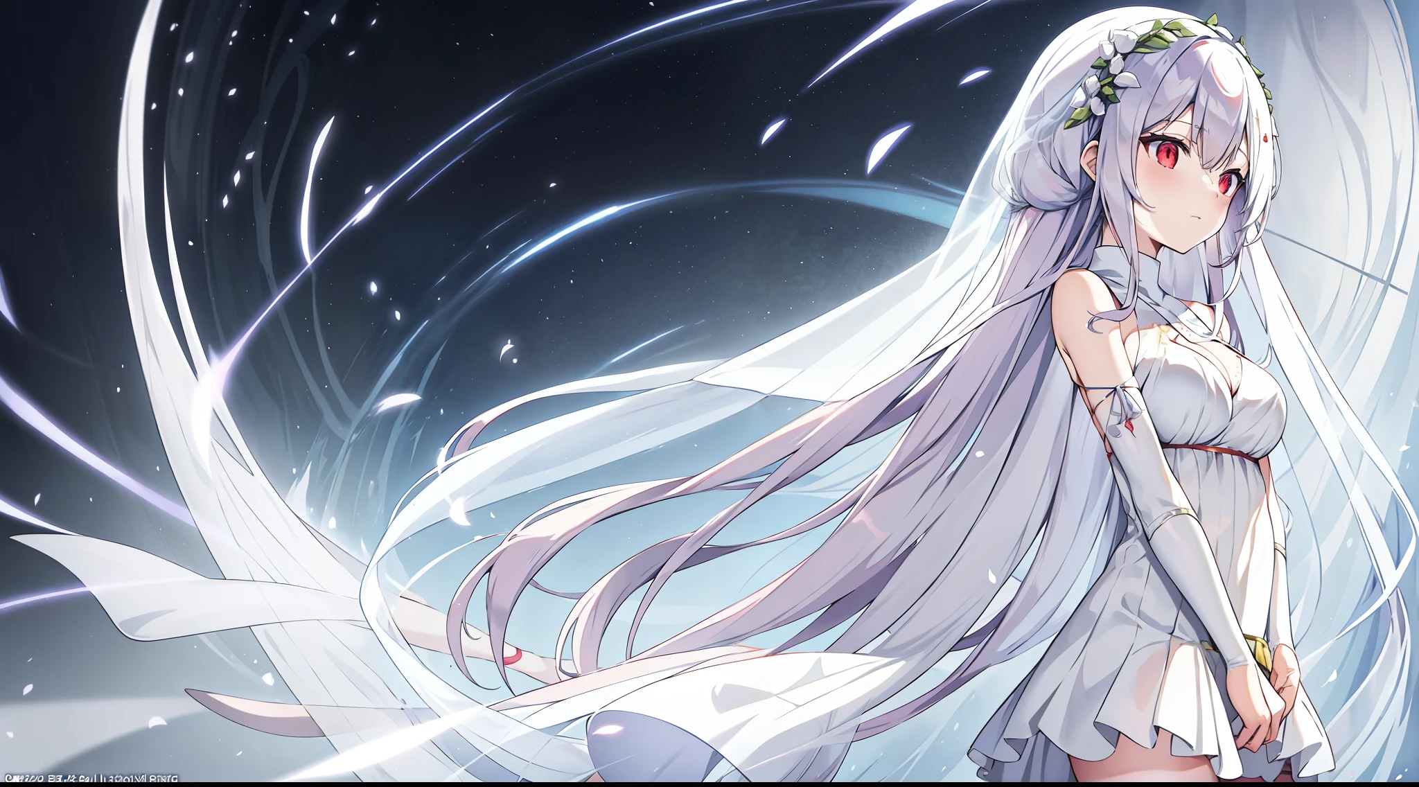 Anime girl in white dress with veil and flowers in hair,Red eyes, White-haired god, Anime moe art style, Hestia, shikamimi, Anime goddess, ahegao, dressed like a cleric, made with anime painter studio, Translucent white skin, ahegao face, Anime Stylization, Marin Kitagawa fanart, cel shaded anime, Stylized anime, cleric