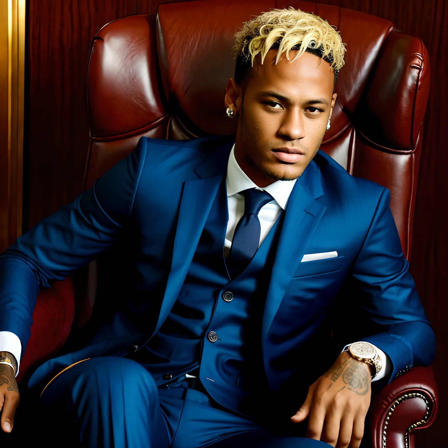 A professional photo DSRL, of Neymar wearing a suit, sitting in an armchair, with on his face