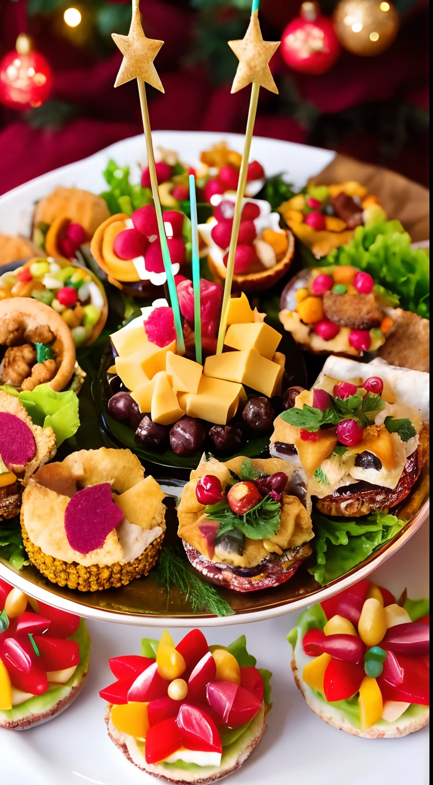 A colorful array of party snacks fills the table, featuring an assortment of savory treats like mini sandwiches, cheese platters, and finger foods, each delicacy meticulously arranged and garnished, the vibrant hues and intricate details adding to the festive atmosphere, Photography, using a wide-angle lens to capture the entire spread, ensuring each item is in focus and highlighting the mouthwatering textures