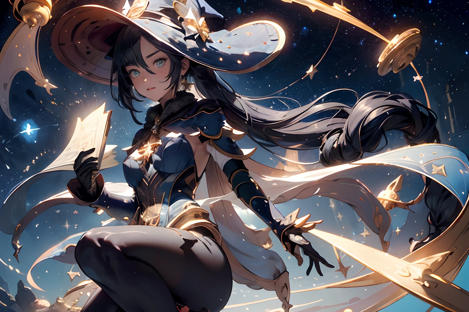 1 girl solo, long dark hair, blue bodysuit, blue witch hat, map of the sky and stars and constellations on background, hourglass, models of the planets, gold and brass details, dark room with light garlands, cinematic light, cinematic shot, glowing details, 1 girl solo, long dark hair, blue bodysuit, blue witch hat, map of the sky and stars and constellations on background, hourglass, models of the planets, gold and brass details, dark room with light garlands, cinematic light, cinematic shot, glowing details, (Masterpiece:1.2), best quality, (night sky, short grey hair:1.2),(illustration:1.2), beautiful scenery, scared,(Masterfully crafted Glow, lens flare), (ultra-detailed), hyper details, (delicate detailed), (intricate details), (cinematic light, best quality Backlights), clear line, new world, viewer, solo female, perfect body, (1female), (Bright bioluminescent hair hair, bright glowing eyes), (Dynamic:1.3), ((makeup)), high contrast, (best illumination, an extremely delicate and beautiful), ((cinematic moonlight)), colourful, ((Photoshop Pastel Painting:1.1)), ethereal, (Cinematic masterpiece),suspense, splashes of colour, absolutely eye-catching, ((caustic)), dynamic angle ,beautiful (detailed glow), (eerie),(Intricate Detailed Cinematic Scenery Behind:1.2),ambient occlusion, (ambient moonlight), ray-traced reflections, intricately detailed visible background