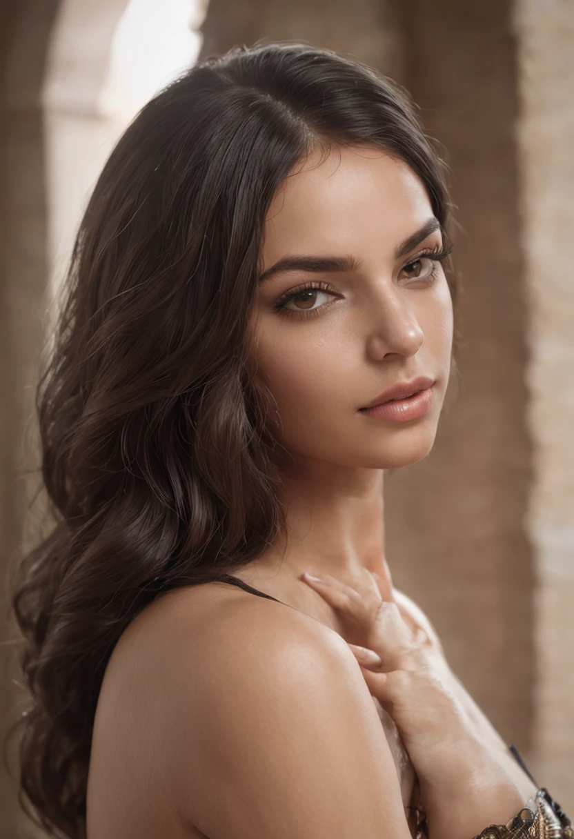 cabelo castanho claro longo, olhos lindos e perfeitos, (maquiagem dos olhos: 1.1), (pele altamente detalhada: 1.1), (seios pequenos perfeitos), corpo magro perfeito, vestindo uma toalha de banho branca, ( (SFW)), realista, FOTOREALISTIC, rosto detalhado, soft-lighting, estilo Modelshoot, fotografia profissional, in a dark studio background, fundo desfocado, RAW, analogue style, foco nítido, 8k UHD, DSLR, alta qualidade, Fujifilm XT3, grain, premiado, obra-prima,