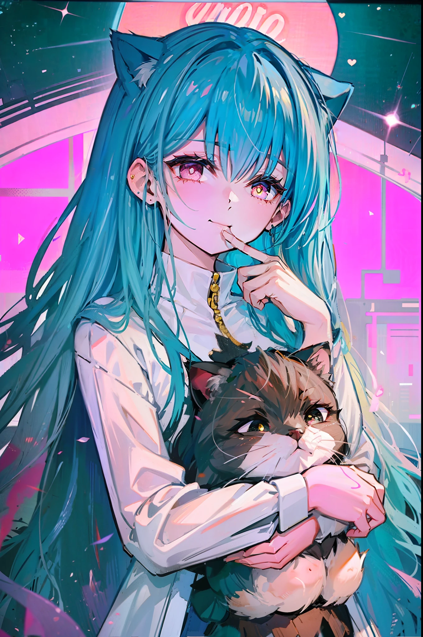 Holding a cute cat、Woman covering her mouth、A dark-haired、A smile