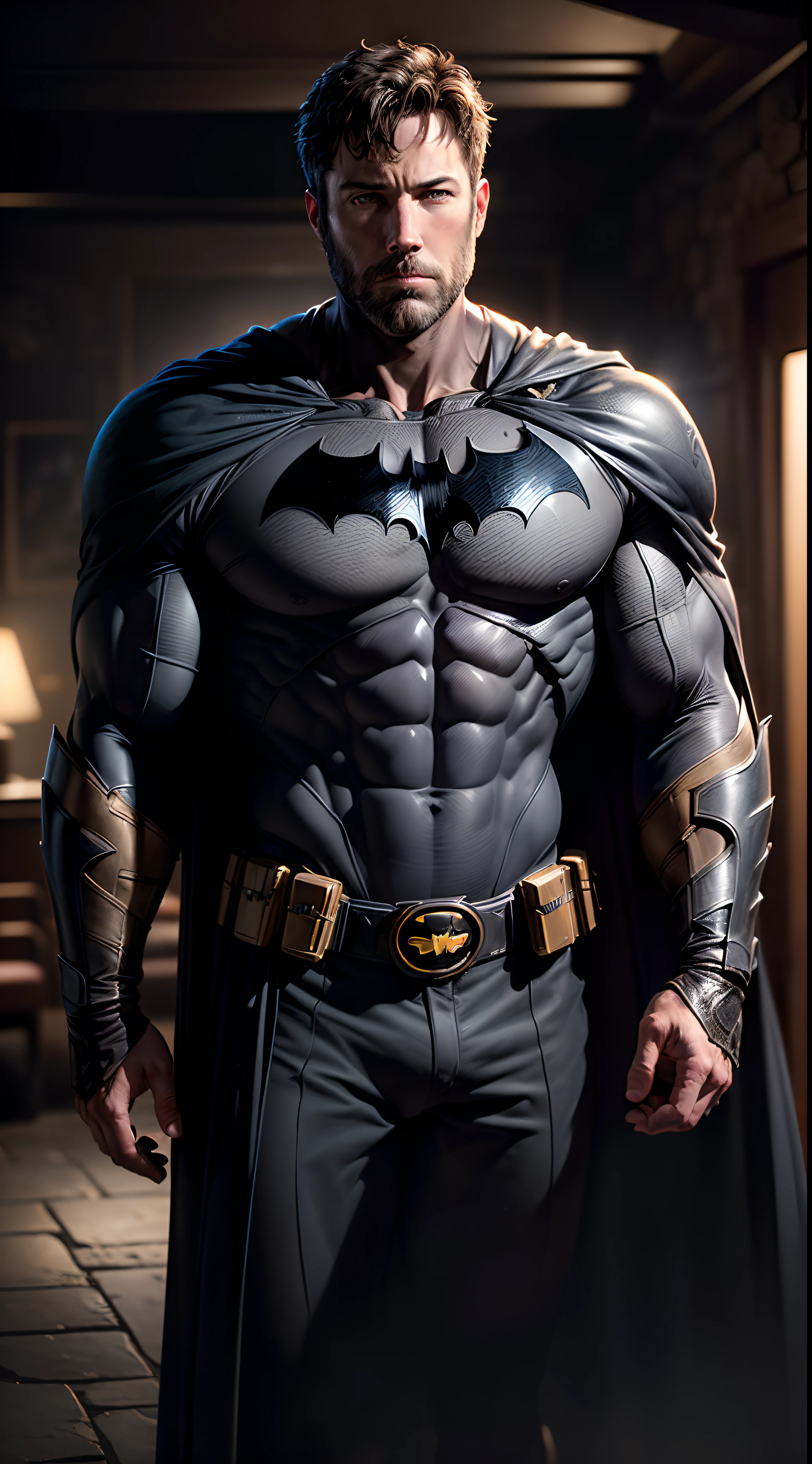 1 man, solo, Ben Affleck as Batman, tall, hunk, muscular, bulk, wide shoulder, photorealism, dark dirty grey suit, dark grey arms, ((no mask)), mask off, black hair, black gloves, best quality, masterpiece, high resolution:1.2, black cape, high detailed mask, high detailed suit, high detailed face, award winning, night time, a dark cave in the background, indoors, photo-realistic, ultra-realistic, octane render