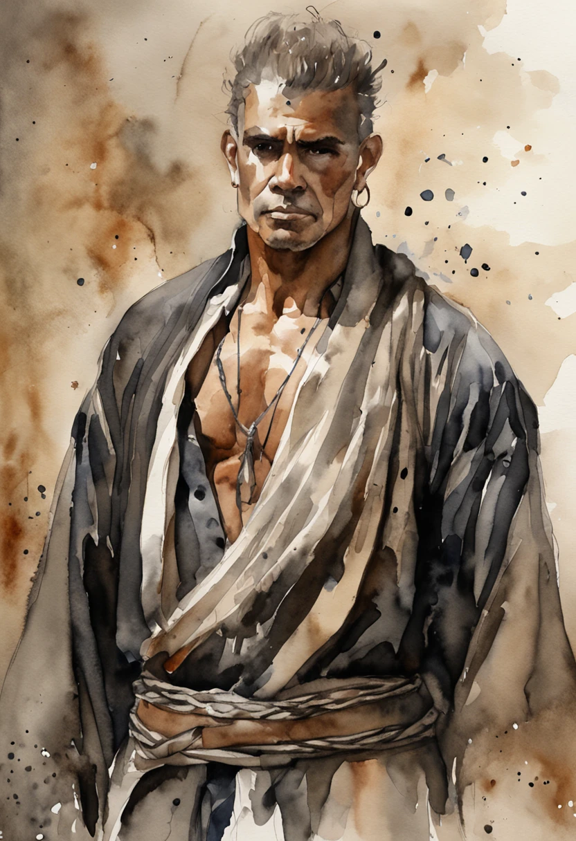 8k imagem realista do homem bonito, 25 anos, cabelos castanhos longos, olhos castanhos, Expression of hatred, vestido com camisa casual preta simples, black bandages wrapped around his arms, Standing in a large rustic underground dungeon