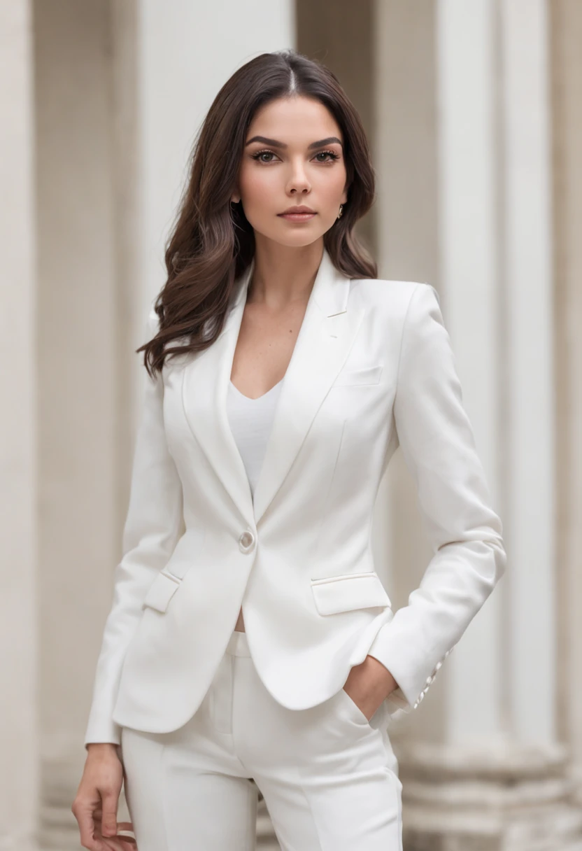 Mulher morena , com cabelo long bob PRETO, olhos PUXADOS, dressed in white suit and pants of DISCREET tailoring and rich pose WITH ARMS CROSSED