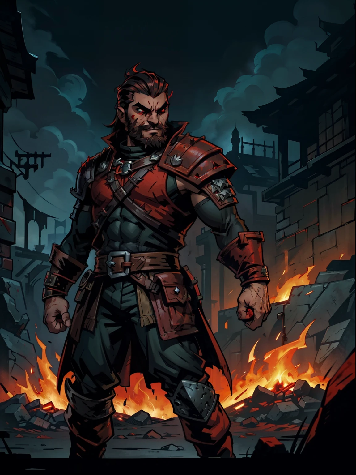 Blood moon background, Darkest Dungeon style, casting fire. Sadurang from Marvel, hunk, buffed physics, short mane hair, mullet, defined face, detailed eyes, short beard, glowing red eyes, dark hair, wily smile, badass, dangerous. Wearing big green classy overcoat, underarmor, cargo pants